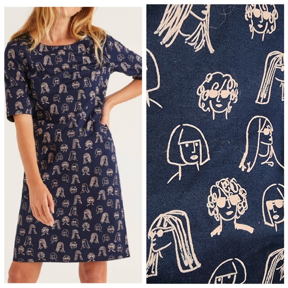 Boden Iona Women's Face Printed Cotton Dress Size 14 Navy Blue Pink Pockets
